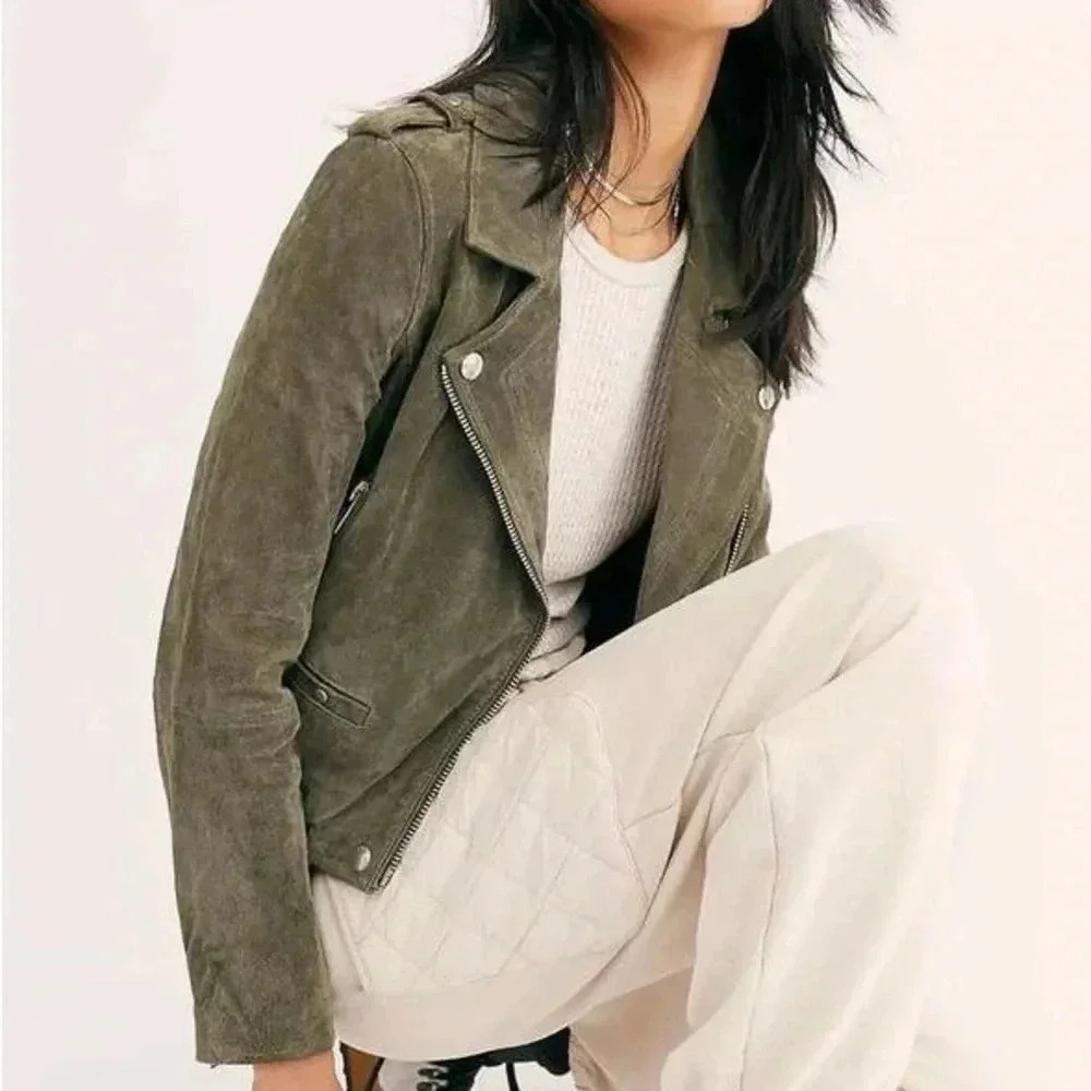 Blank NYC Free People Green Suede Moto Jacket 100% Leather Boho Womens Coat XS
